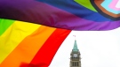 A Pride flag flies on Parliament Hill in Ottawa on June 8, 2023. (Sean Kilpatrick / THE CANADIAN PRESS)